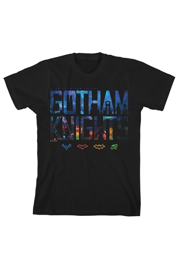 Gotham Knights City Image Within Text With Hero Icons Youth Black Crew Neck Tee-XL