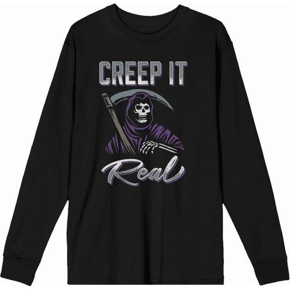 Bioworld Grim Reaper Creep It Real Adult Black Crew Neck Long Sleeve Tee-XL
