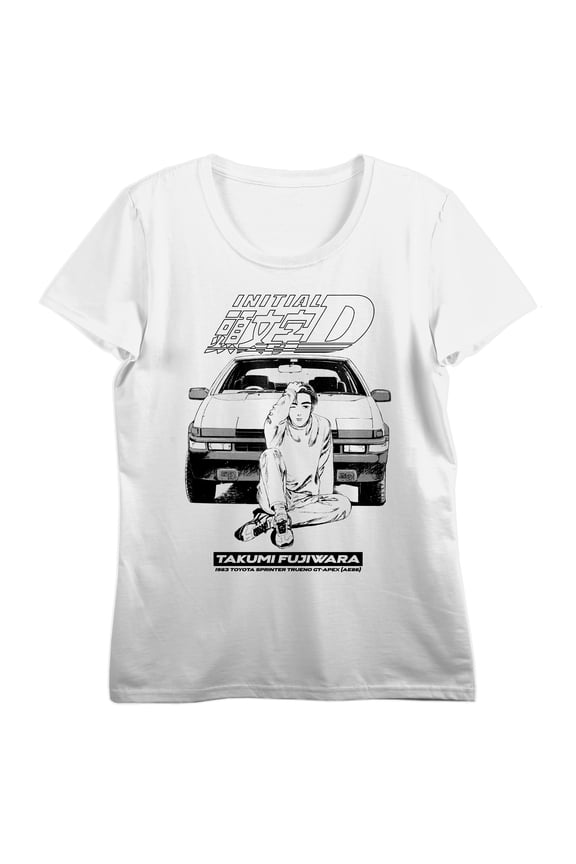 Initial D Takumi Fujiwara AE86 Trueno Women's Juniors Graphic Tee | DTG Comic Art Print | Officially Licensed Anime T-Shirt-XL