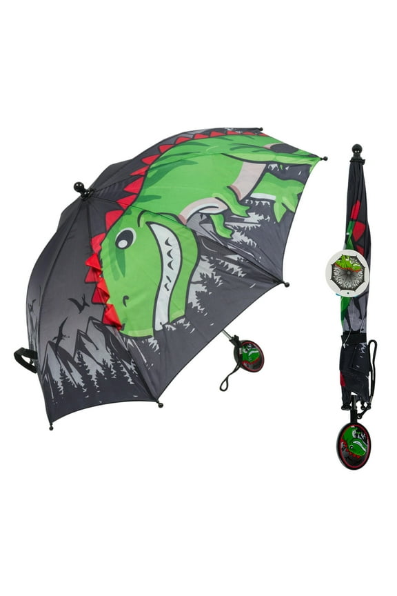 Kids Pocket Rain Umbrellas, Cute Dinosaur Print, Black