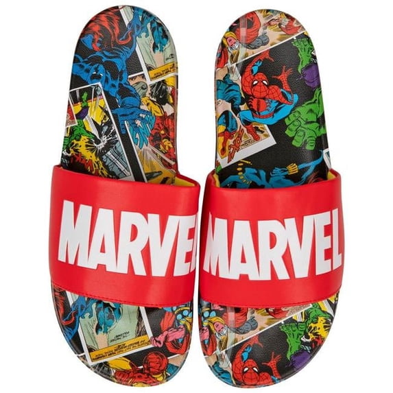 Bioworld Marvel Red Label with Comic Scene Sandal Slides, Small - Size 6 by 7