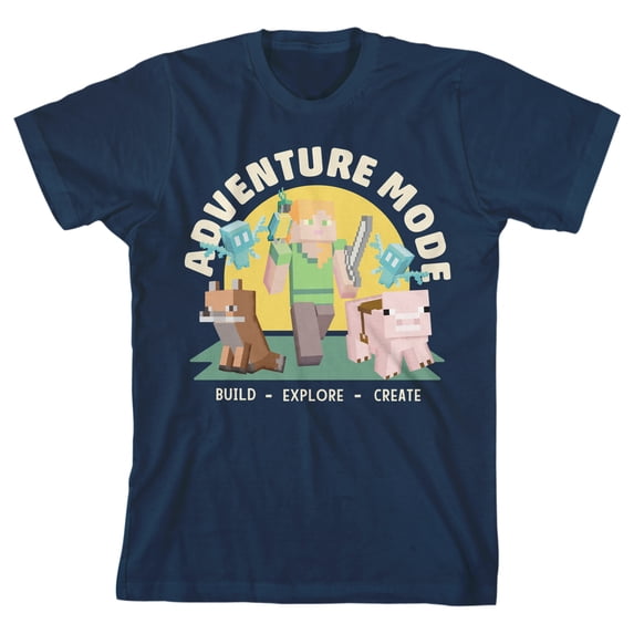 Bioworld Minecraft Alex, Fox, & Pig Adventure Mode Youth Navy Blue Short Sleeve Crew Neck Tee-Small