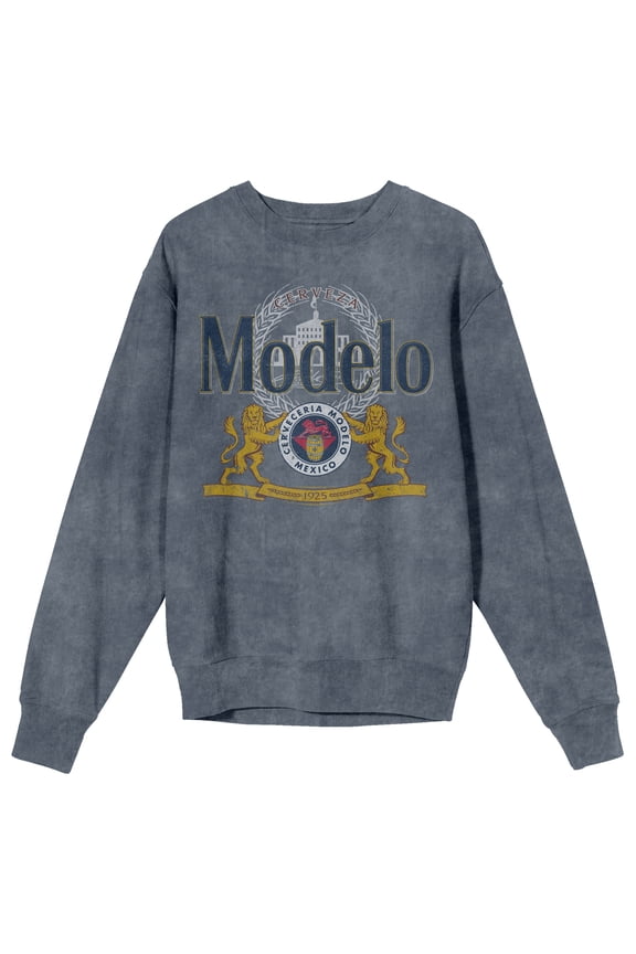 Modelo Cerveza Men's Mineral Wash Pullover Sweatshirt | Lion Crest Graphic | Ribbed Crew Neck | Officially Licensed-XXL