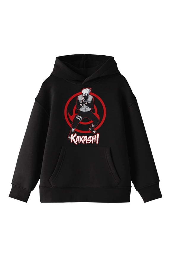 Naruto Grayscale Kakashi Boy's Black Sweatshirt-Medium