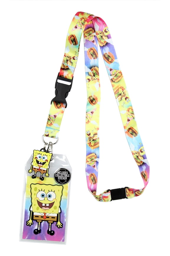 SpongeBob SquarePants and Patrick Riding Krabby Patties Breakaway ID Lanyard with Detachable Badge Holder Rubber Charm and Collectible Sticker