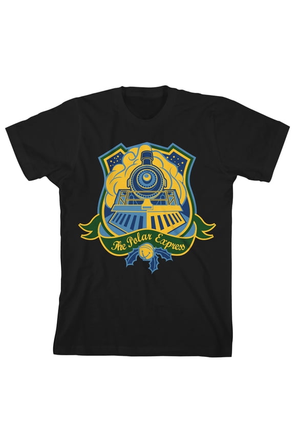 Polar Express Vectored Train Facade Graphic Youth Black Short Sleeve Crew Neck Tee-XS