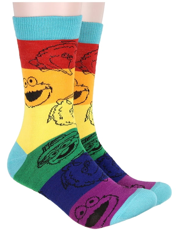Bioworld Sesame Street Adult Striped Rainbow Color Character Heads Crew Socks For Men For Women