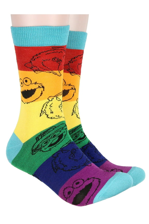 Bioworld Sesame Street Adult Striped Rainbow Color Character Heads Crew Socks For Men For Women