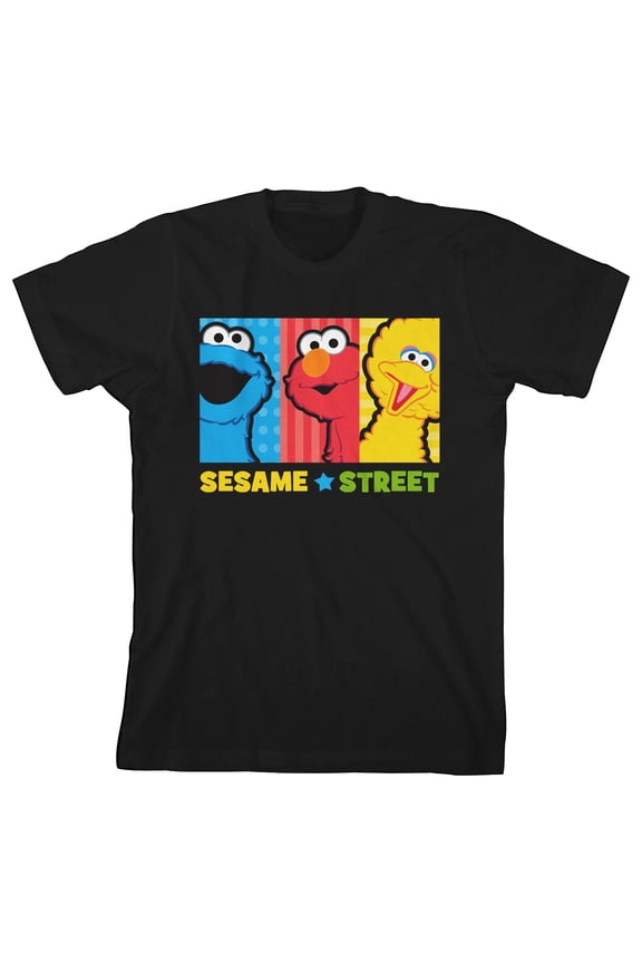 Sesame Street Core Character Group Youth Black Tee With Short Sleeves And Crew Neck-XL