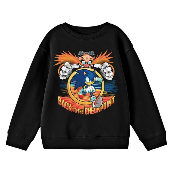 Bioworld Sonic The Hedgehog Dr. Eggman Back To The Checkpoint Youth Black Crew Neck Sweatshirt