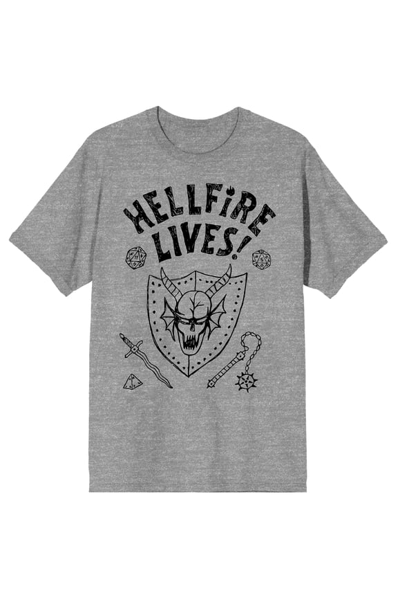 Stranger Things Hellfire Lives Mens Graphic Tee | Screen-Printed Shield Design | Short Sleeve Crew Neck | Officially Licensed-XL