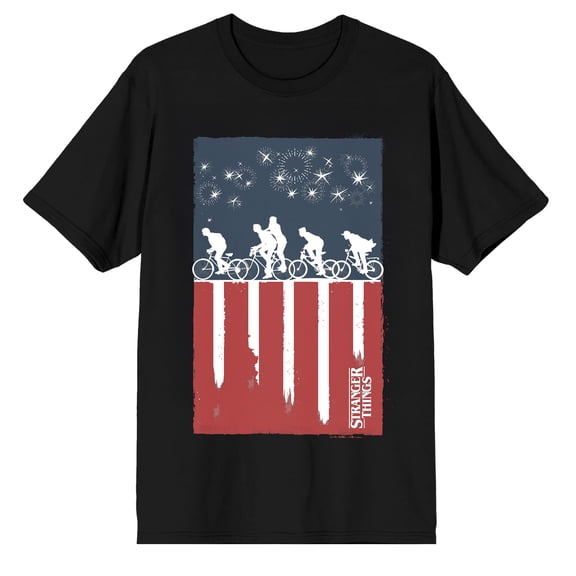 Bioworld Stranger Things Patriotic Bike Ride Graphic Tee | DTG Front Print | 100% Cotton Crew Neck | Officially Licensed Netflix Adult T-Shirt-Large