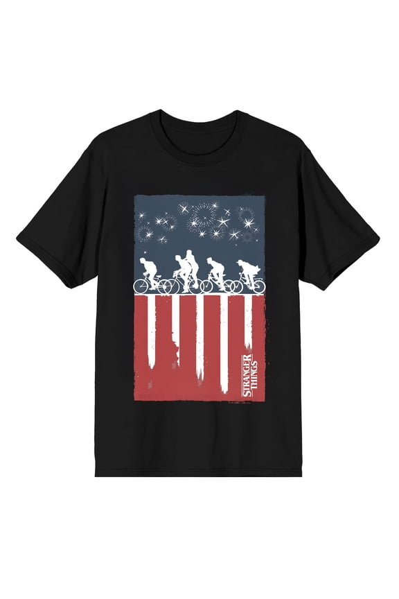 Stranger Things Patriotic Bike Ride Graphic Tee | DTG Front Print | 100% Cotton Crew Neck | Officially Licensed Netflix Adult T-Shirt-Small