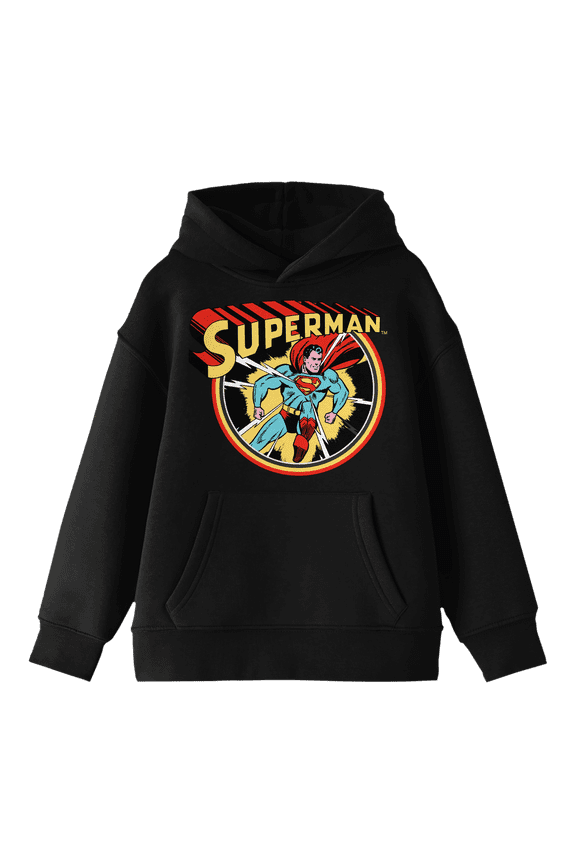 Superman Core Vintage Comic Character Art & Logo Youth Black Graphic Hoodie-Large