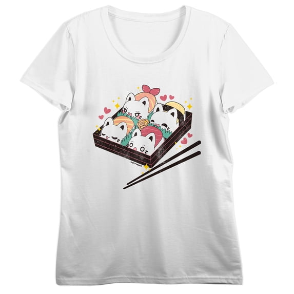 Bioworld Tasty Peach Sushi Box Chopsticks Graphic Juniors Womens Crew Neck Short Sleeve T-Shirt | Officially Licensed-Large