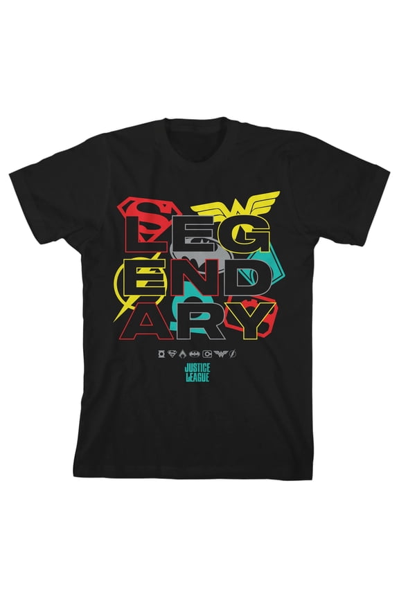 The Justice League Legendary Hero Logos Youth Black Graphic Tee-Medium
