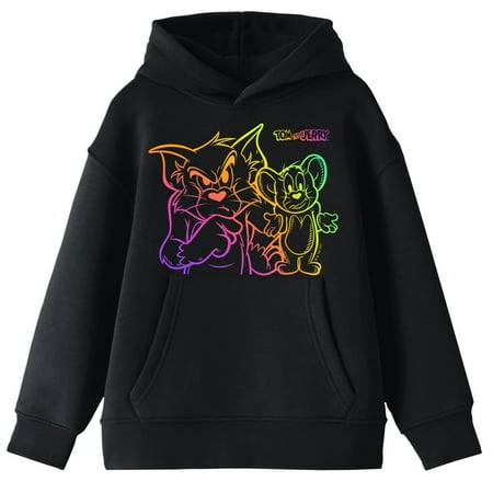 Bioworld Tom & Jerry Neon Ombre Line Art Youth Black Graphic Hoodie-Medium