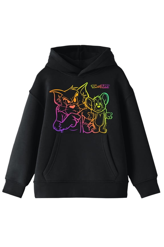 Tom & Jerry Neon Ombre Line Art Youth Black Graphic Hoodie-Small