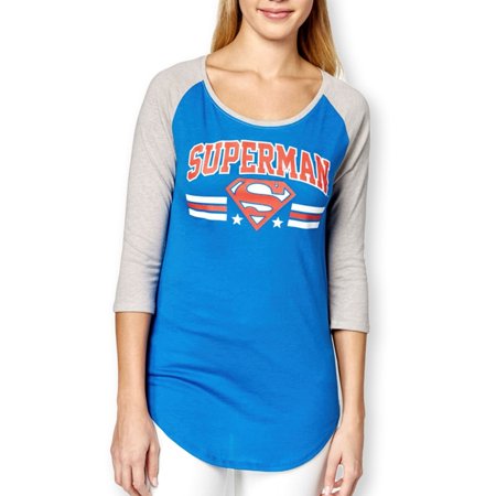 Bioworld Womens Superman Baseball Tunic Graphic T-Shirt, Blue, Juniors, Small