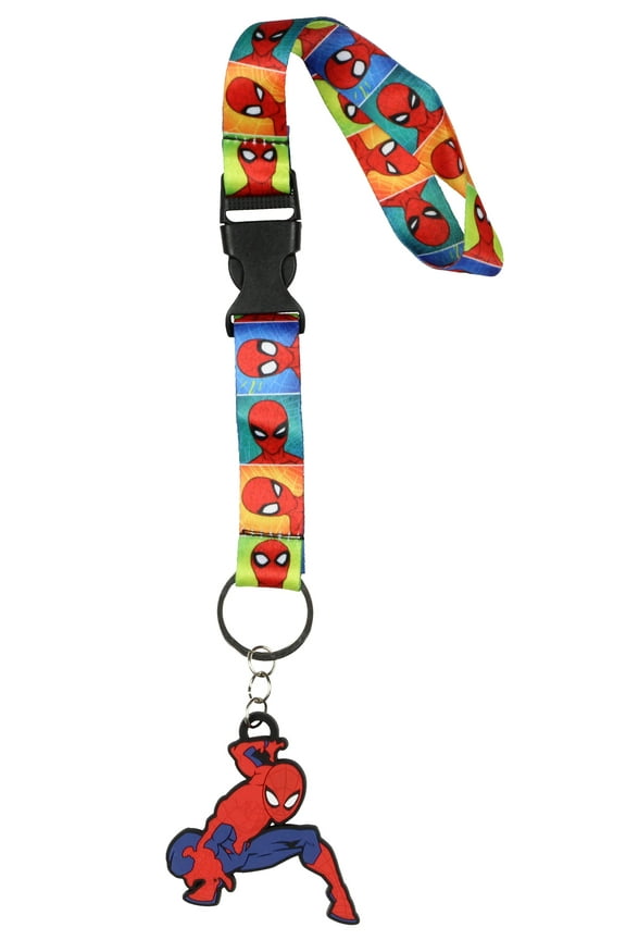 Marvel Spider-Man Many Faces Wristlet Strap Lanyard for Keys with 2" Rubber Keychain Hand and Wrist Lanyard Strap ID Badge Holder