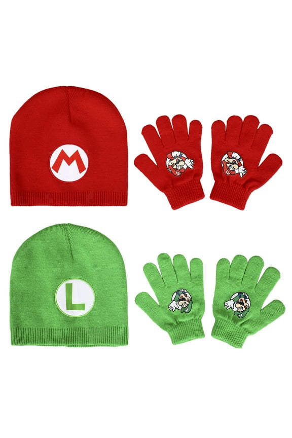 Super Mario Brothers Mario & Luigi Youth 2-Pack Beanie And Glove Set for Kids