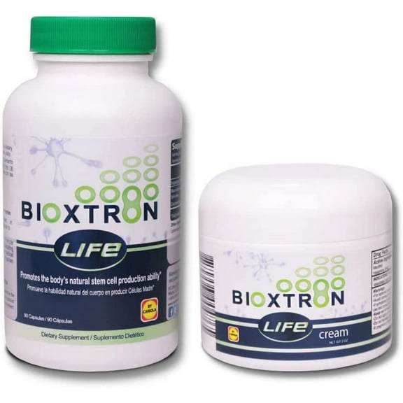 Bioxtron Life Blue-Green Algae - Pack Natural Supplement Capsules + Cream - Promotes Stem Cells Production - Support Muscles & Joints - Pack 90 Capsules + Cream 2 oz