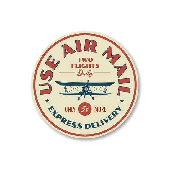 Biplane Fixed-wing Mail Aircraft Plane Aluminum Metal Decor Sign - 12" Round