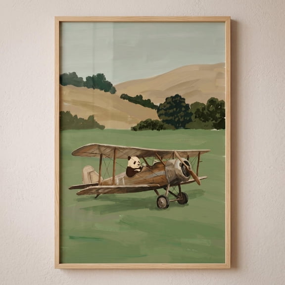 Biplane Pilot Panda Wall Art Aviation Nursery Decor Whimsical Animal Print Retro Airplane