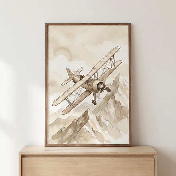 Biplane Sepia Sketch Antique Aviation Airplane Mountain Drawing Pilot ...