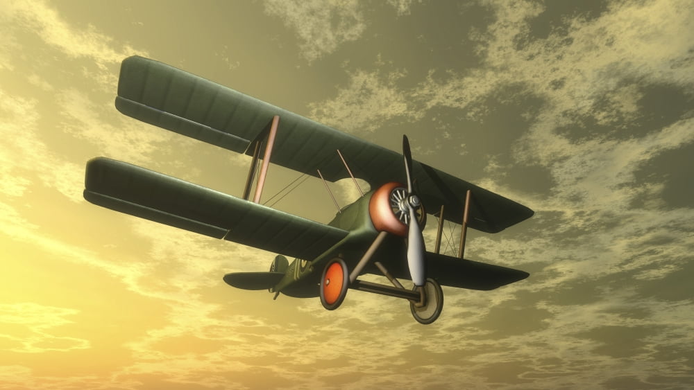Biplane flying in the sky by sunset Canvas Art - Elena DuvernayStocktrek Images (19 x 11)