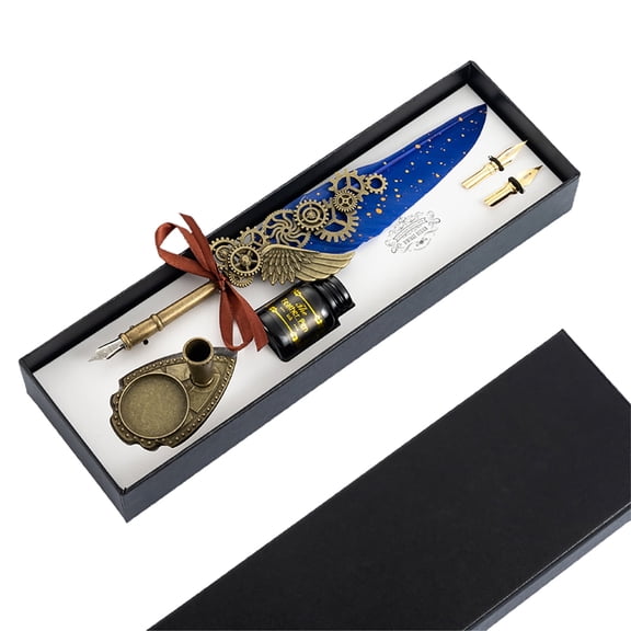 Biplut 1 Set 0.5mm Smooth Writing Quill Pen Set Eye-catching Copper Glittering Signature Quill Pen Ink Set for Office (Royal Blue)