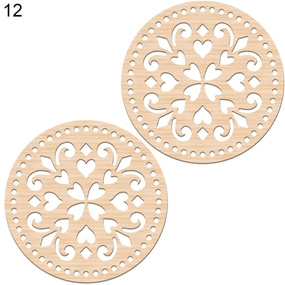 Biplut 2Pcs Crochet Wood Bases Unpainted Floral Pattern Round Hollow Knitting Wooden Basket Bottoms for Embroidery (Type 12)