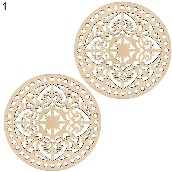 Biplut 2Pcs Crochet Wood Bases Unpainted Floral Pattern Round Hollow Knitting Wooden Basket Bottoms for Embroidery (Type 1)