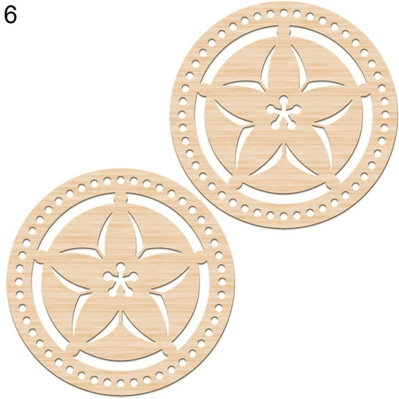 Biplut 2Pcs Crochet Wood Bases Unpainted Floral Pattern Round Hollow Knitting Wooden Basket Bottoms for Embroidery (Type 6)
