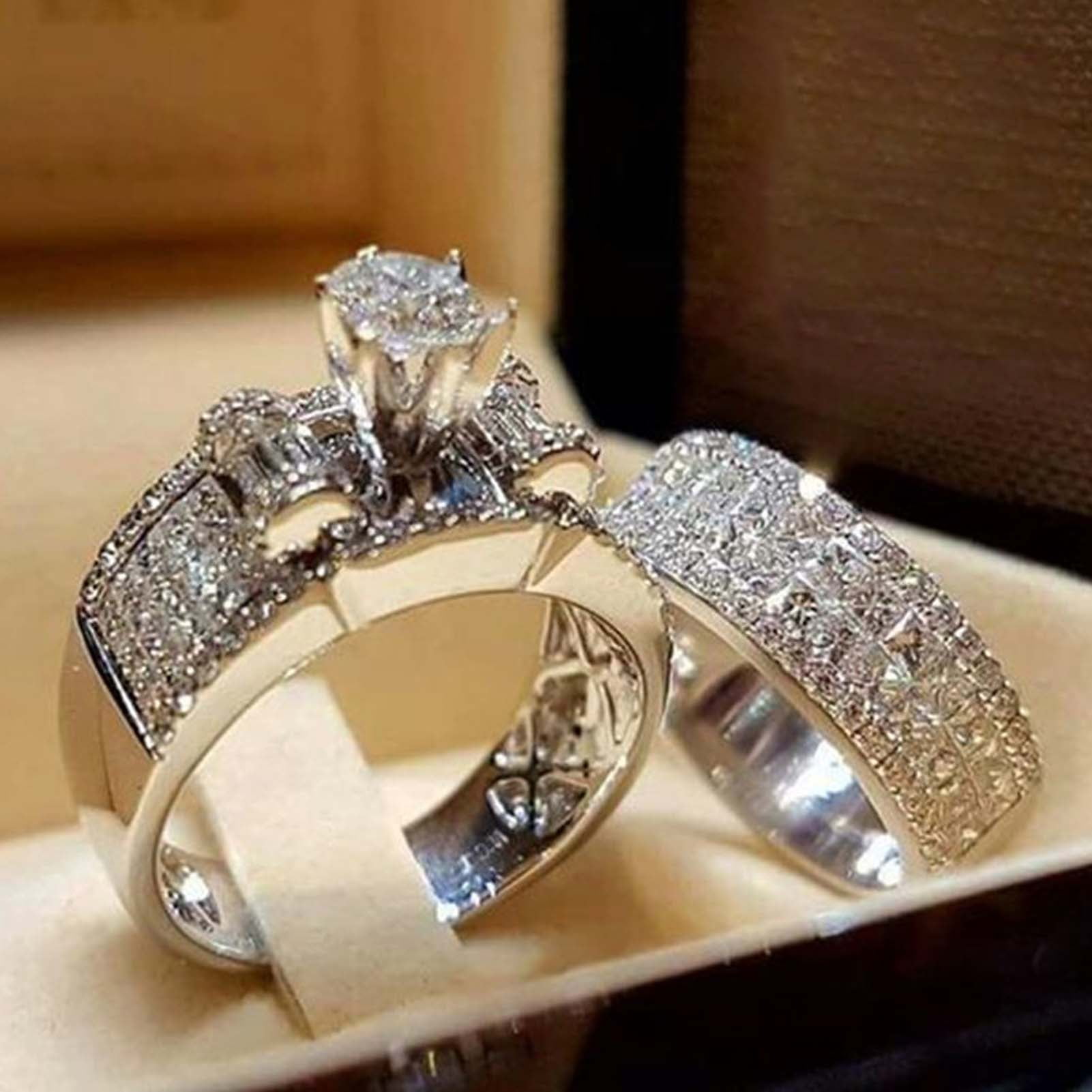 Biplut 2Pcs Set Wide Simple Couple Rings Alloy Inlaid Shining Rhinestone Wedding Bands Fashion Jewelry