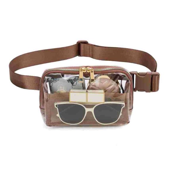 Biplut Clear Fanny Pack Belt Bag Large Capacity Water-Resistant Zipper Closure Stadium Approved Transparent Waist Bag (Brown)