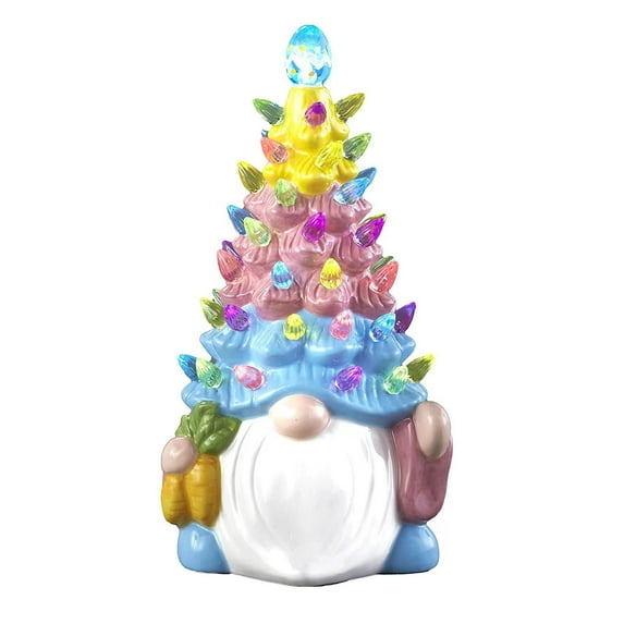 Biplut Easter Ornament Battery Powered Resin Pink Bunny Tree Statue with LED Light Festival Decoration Home Decor (Type C)