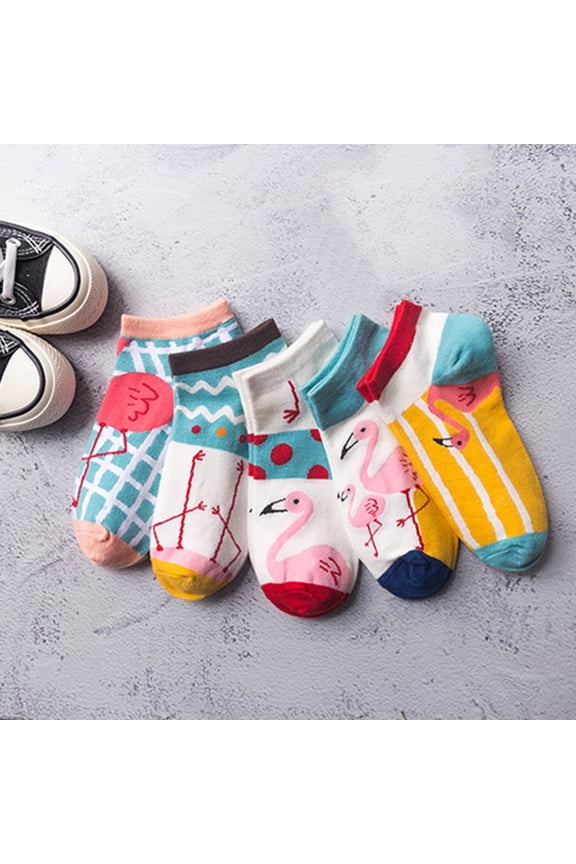 Fashion Women Flamingo Print Low Cut Breathable Cotton Short Ankle Boat Socks