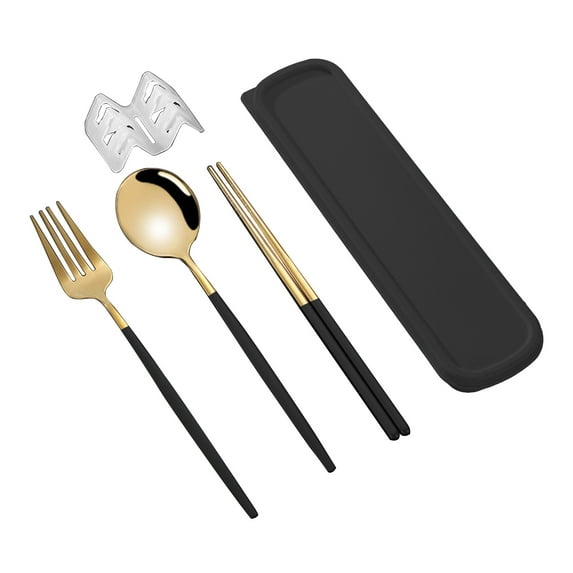 Biplut Flatware Kit Korean Style Dust-proof Stainless Steel Chopsticks Fork Spoon Dinner Set for Daily Use(Black Golden,2pcs)