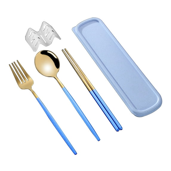 Biplut Flatware Kit Korean Style Dust-proof Stainless Steel Chopsticks Fork Spoon Dinner Set for Daily Use(Blue Golden,3pcs)