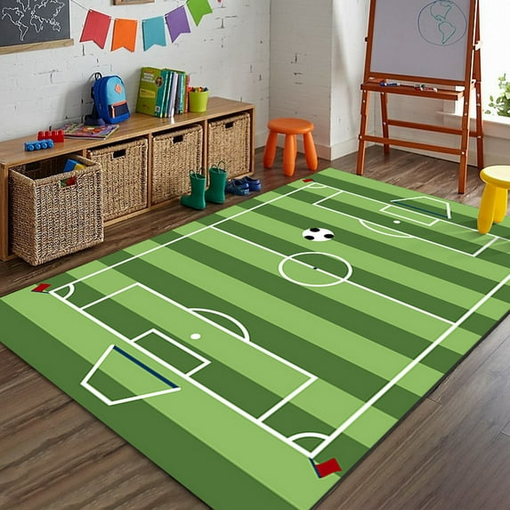 Biplut Football Carpet Interesting Sports Scene Design Anti-slip Printing Machine Washable Noise Reduction Playing Football Rectangle Artificial Turf Soccer Field Thickened Rug for Living Room