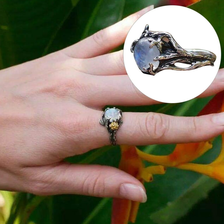 Biplut Hollow Simple Statement Vintage Ring Leaves Flower Moonstone Lady  Ring Jewelry Accessaries 