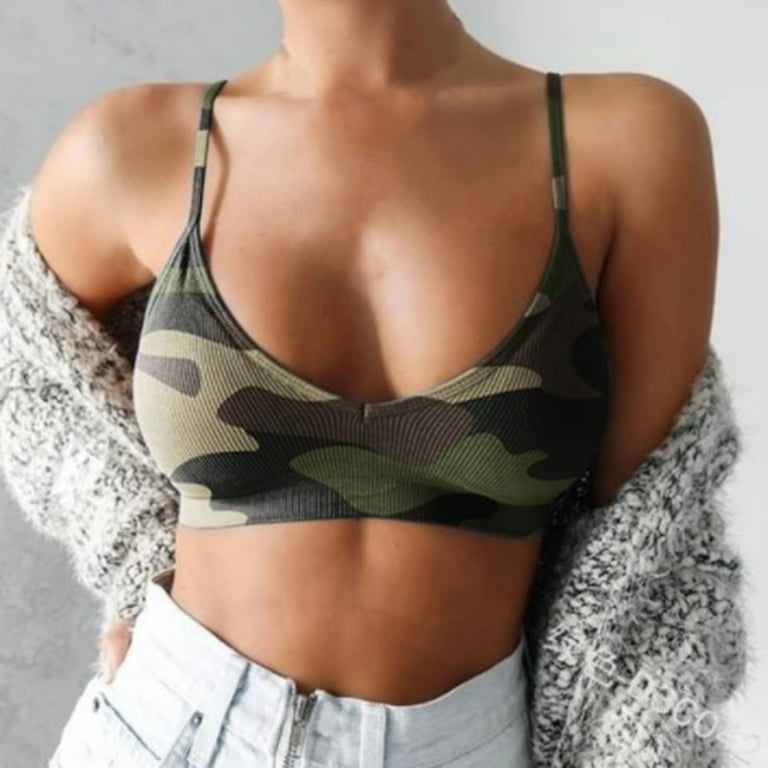 Biplut Lady Brassiere No Wire Wild Support Breast Camouflage Print Pullover  Breathable Spaghetti Strap Plus Size Women Sports Bra for Home