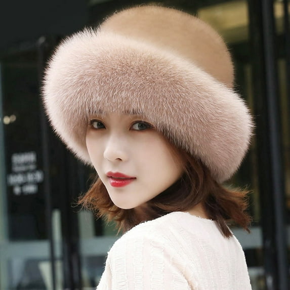 Biplut Plush Brim Warm Fisherman Cap Solid Soft Thickened Faux Mink Fur Basin Hat for Daily Life