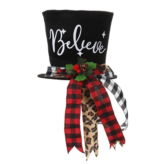 Biplut Xmas Tree Topper Classic Plaid Ribbon Festival Party Decorative Props Tree Ornament Cute Top Hat Christmas Tree Top Decoration Holiday Supplies (Black)