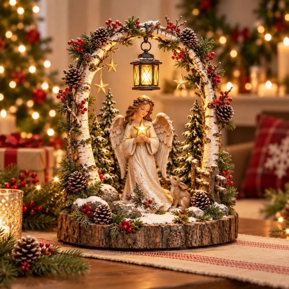Birch Arch Christmas Tabletop Lantern Decor, Angel and Rabbit Woodland Centerpiece with Warm Hanging Lantern, Glowing Star, Snowy Pines and Wood Slice Base