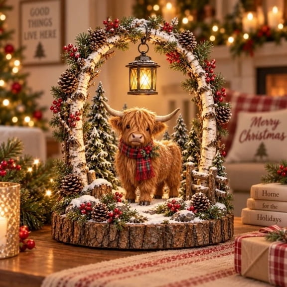 Birch Arch Christmas Tabletop Lantern Decor, Highland Cow Winter Scene with Warm Lantern, Birch-Look Arch and Plaid Scarf for Christmas Table Decor