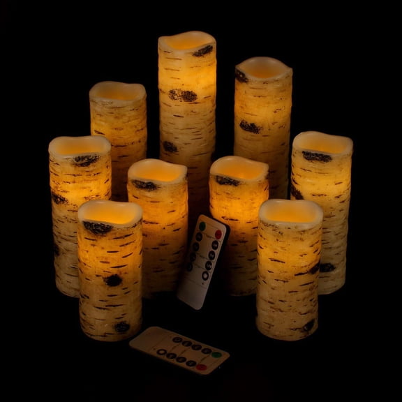Birch Bark Effect Flameless Pillar Candles Set of 9 with 10-Key Remote