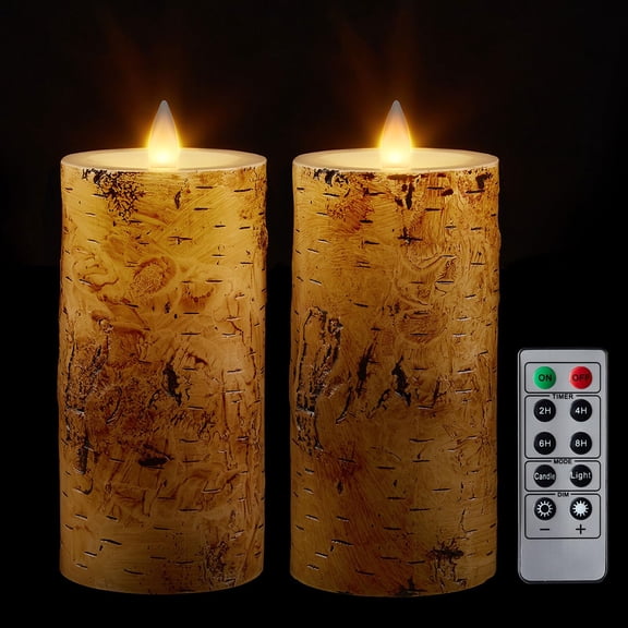 Birch Bark Wax Flameless Candles with Remote Timer, Last 400-Hour with 2AA Batteries, 3D Moving Flame Led Candles, Set of 2(3''x6''), Remote Included(Birch bark).
