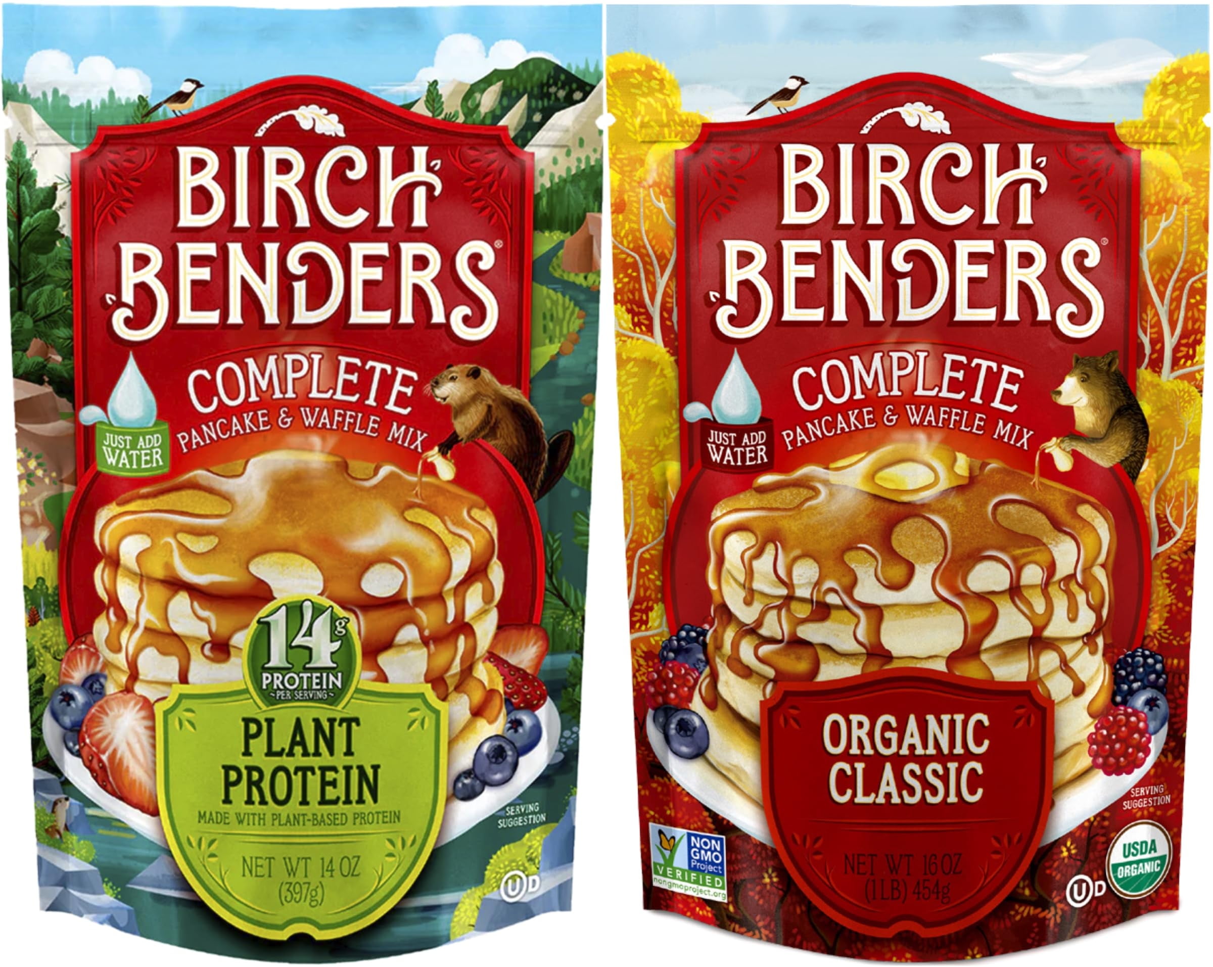 Birch Benders 14 oz, Plant Protein & 16 oz, Organic Classic Pancake & Waffle Mix